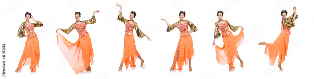 Woman in orange dress isolated on white