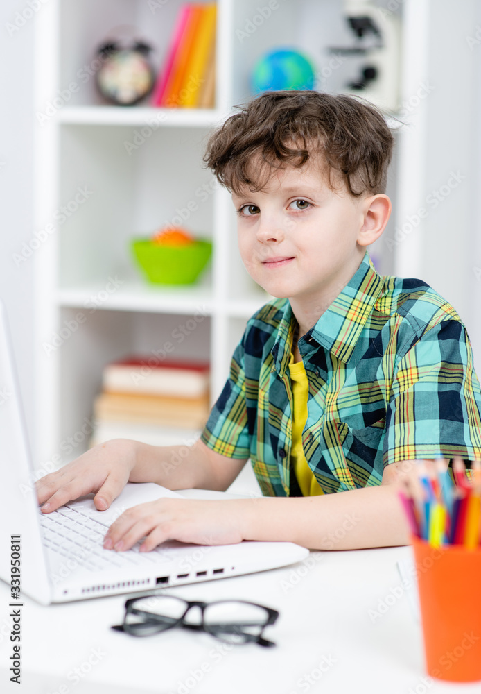 Smiling young boy uses laptop at home