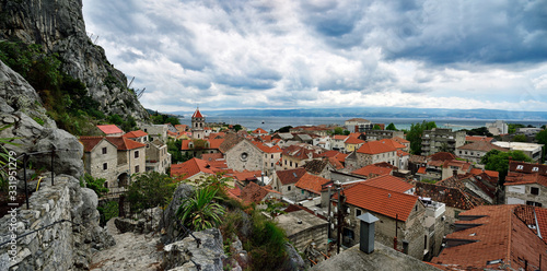 Ariel view of the old town Omis, Croatia. Dalmatia region of Croatia
