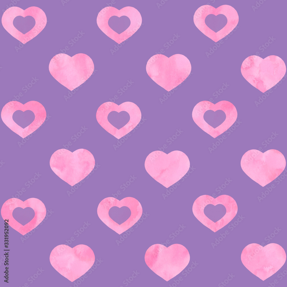 Watercolor pink hearts on lavander background. Seamless pattern. Watercolor illustration. Valentine's Day. Declaration of love. Design for backgrounds, wallpapers, textile, covers and packaging.