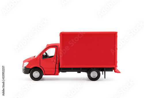 Red cargo delivery truck side view on white background