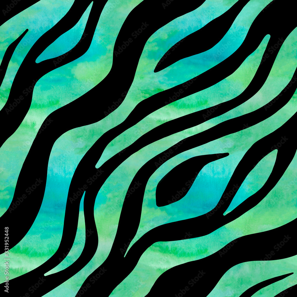 Watercolor blue zebra stripes background with splashes, drops. Seamless