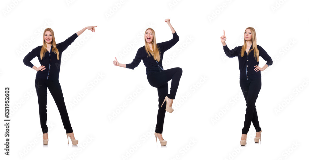 Tall young woman in black clothing isolated on white