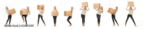 Woman with boxes relocating to new house isolated on white