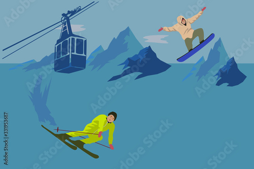 Snowboard and Ski Retro Illustration and Ski Lift In the mountains