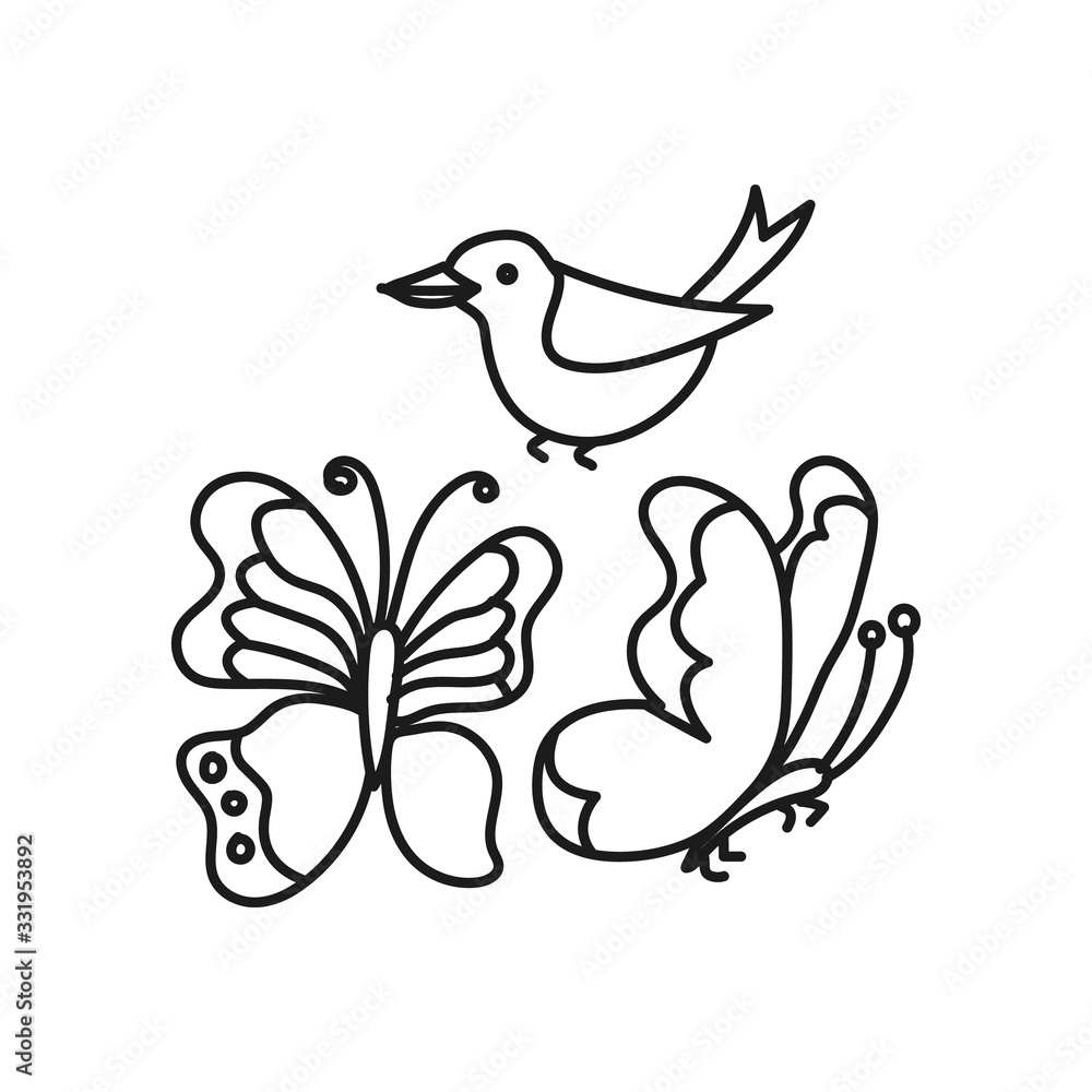 Fototapeta premium Set of vector butterfly and bird simple. Kids outline illustration on a white background.