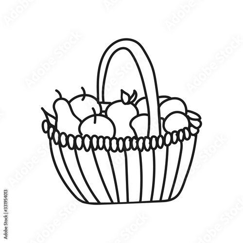 Wicker basket with fruit outline vector icon. Kids outline illustration on a white background.