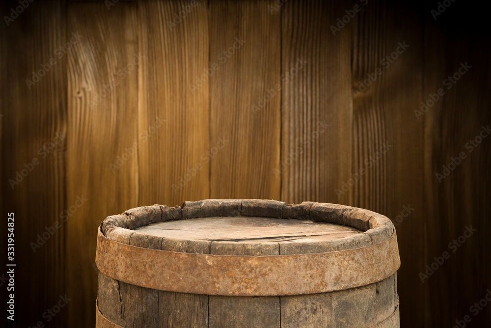 background of barrel and worn old table of wood background of barrel and worn old table of wood