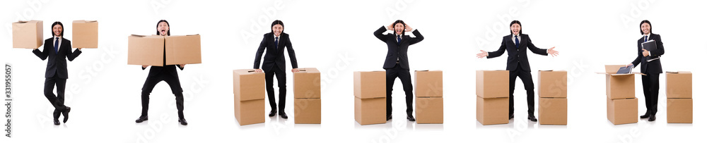 Funny man with boxes on white Funny man with boxes on white