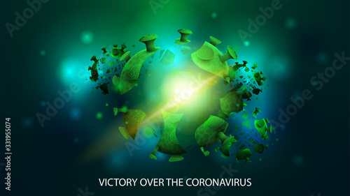 Victory over the coronavirus. The coronavirus is defeated! A collapsing coronavirus molecule on an abstract blurry dark background