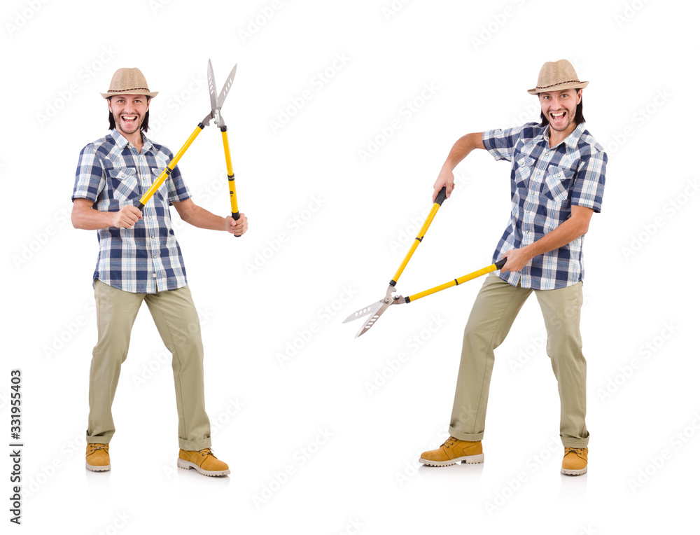 Funny guy with garden shears on white Funny guy with garden shears on white