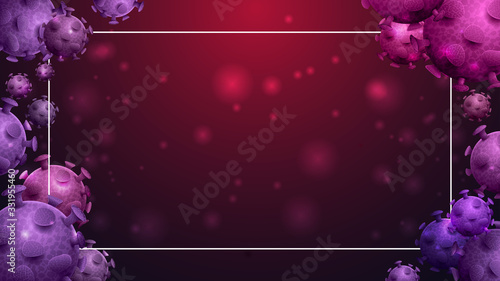 Purple template with coronavirus molecules and a white border. Coronavirus 2019-nCoV. Coronavirus outbreak and coronaviruses influenza background.