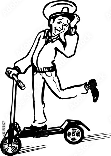 vector sketch of happy policeman riding a scooter