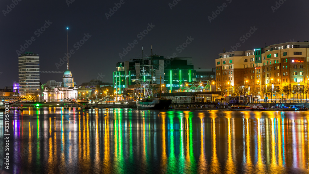 Beautiful night view scene Dublin city center old town Ireland cityscape reflection river Liffey  long exposure 