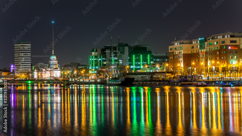 Beautiful night view scene Dublin city center old town Ireland cityscape reflection river Liffey long exposure Beautiful night view scene Dublin city center old town Ireland cityscape reflection river Liffey long exposure