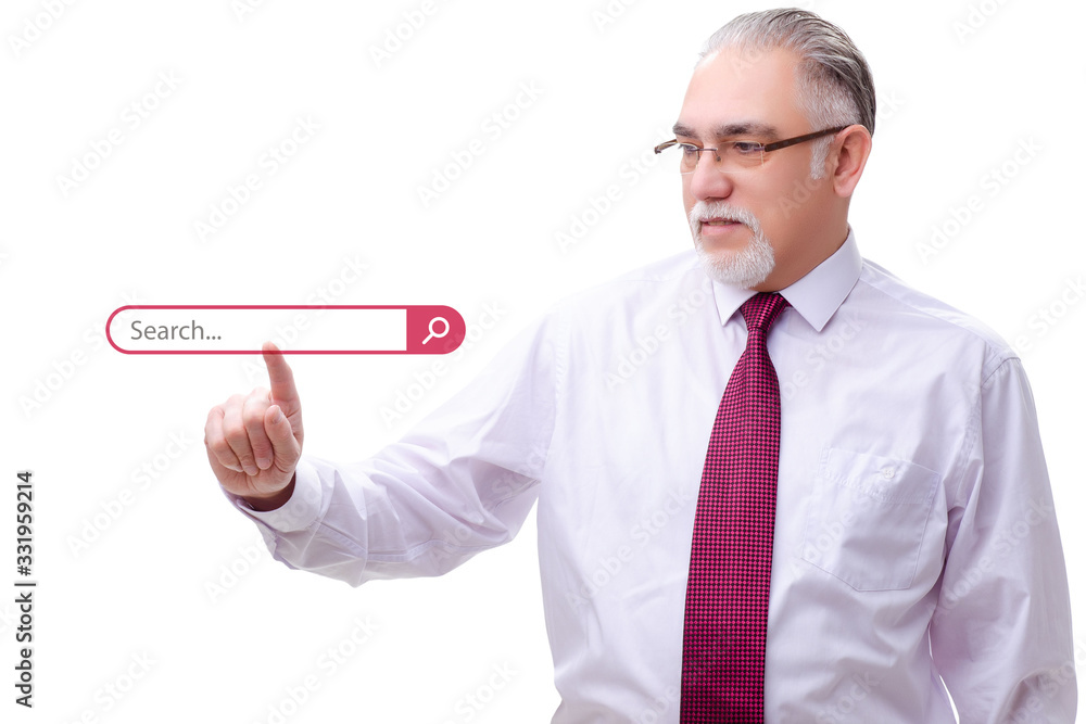 Search concept with businessman pressing button Search concept with businessman pressing button