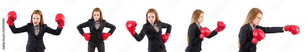 Woman businesswoman with boxing gloves on white Woman businesswoman with boxing gloves on white