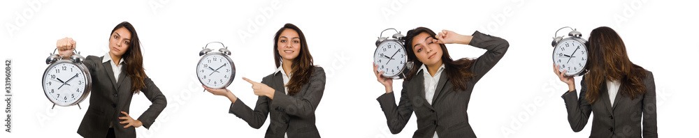 Businesswoman with clock missing her deadlines Businesswoman with clock missing her deadlines