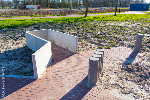 an exercise park. In the park, wheelchair users, walker users and elderly people with walking difficulties can go to exercise. different pavement on the ground. zeewolde netherlands flevoland 21 March