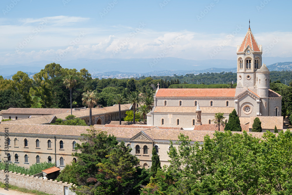 Buildings of Lerins Abbey: Cistercian monastery on the island of Saint-Honorat on the French Riviera near Cannes. Sightseeng in Cannes. Most beautiful french islands.