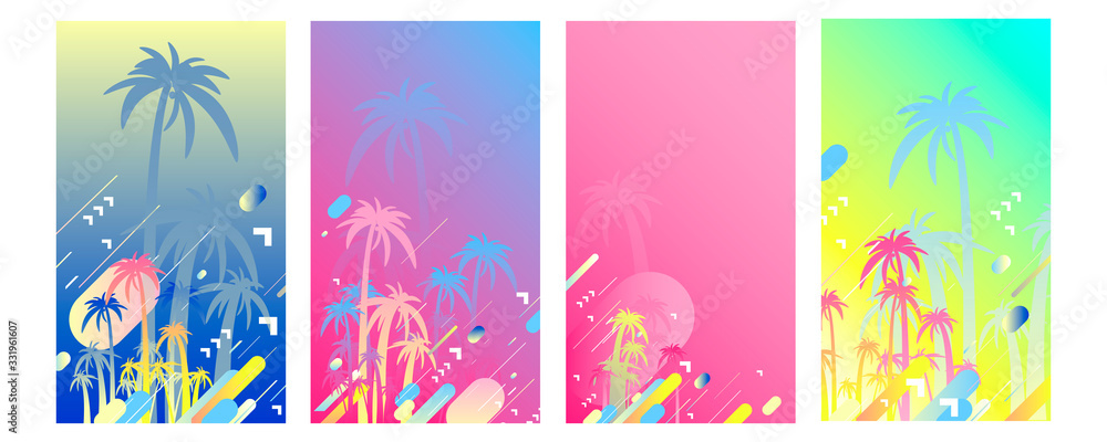 Abstract set summer background universal art header template. Collage made with palm tree drawings of fun circles and colorful neon elements