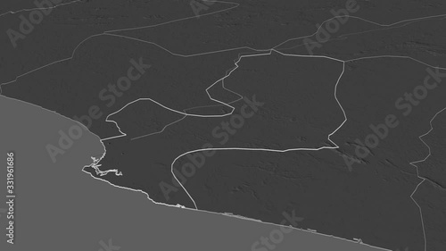 Montserrado, county with its capital, zoomed and extruded on the bilevel map of Liberia in the conformal Stereographic projection. Animation 3D photo