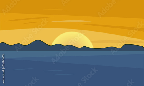 Sunset sea. Landscape of ocean with sky, waves and water. Coastline silhouette on horizon. Evening or morning view. Vector illustration