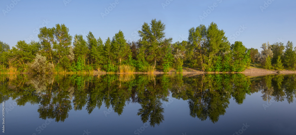 quiet summer river with forest on a coast, outdoor panoramic scene quiet summer river with forest on a coast, outdoor panoramic scene