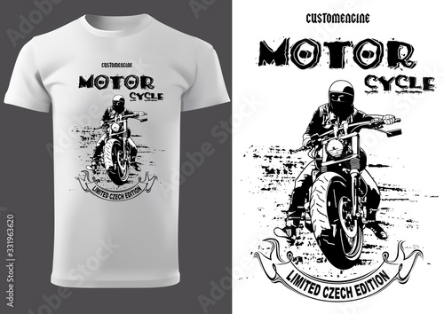 White T-shirt Design with Motorcyclist and Inscriptions - Graphic Design for Printmaking T-shirt or Poster and etc., Vector