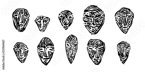 Endangered ancient stone masks set. Hand drawn human face prints graphic vector illustration, black isolated on white background painted by ink
