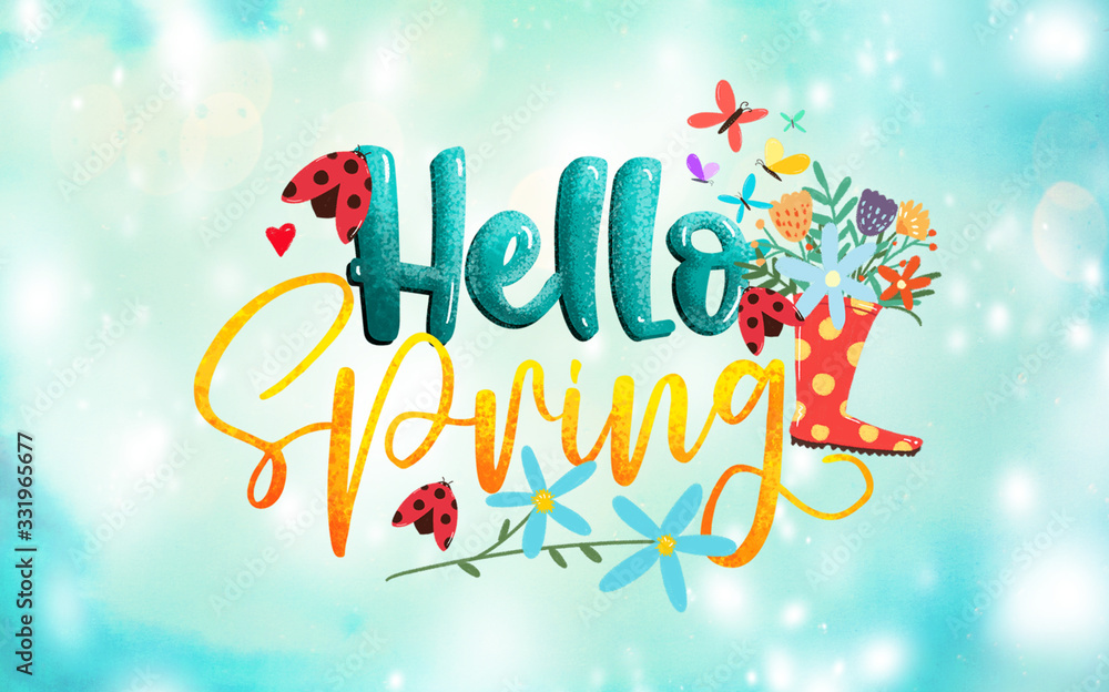 Hello spring lettering with blue sky background and sunlight and boke