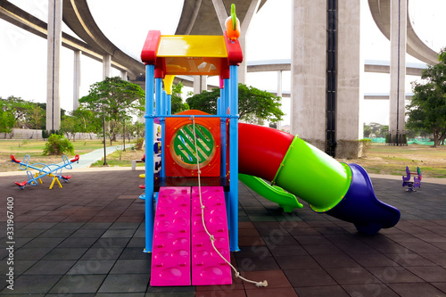 View  playground in garden park colorful playground for children