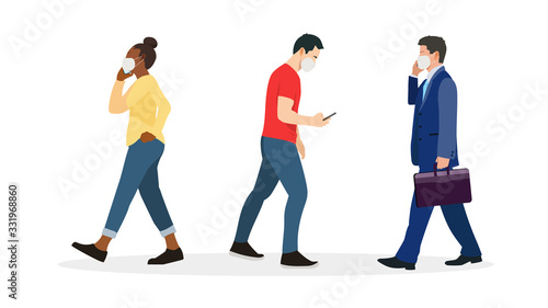 Group of people wearing mask protect virus.Vector illlustration.People walking with wearing mask set