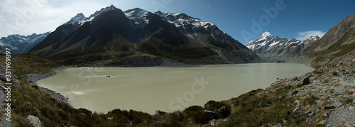 Hooker Lake on Hooker Valley Track in Mount Cook National Park on South Island of New Zealand