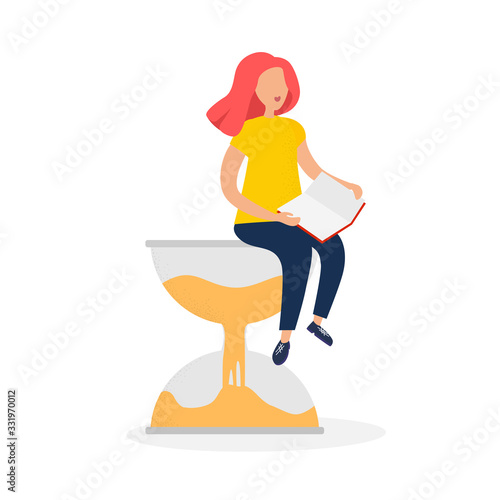 Beautiful girl spends leisure, relaxes, reads a book. Woman is sitting on an hourglass. The concept of rest, leisure, reading, relaxation, life. Lack of time. Life speed. Modern vector illustration.