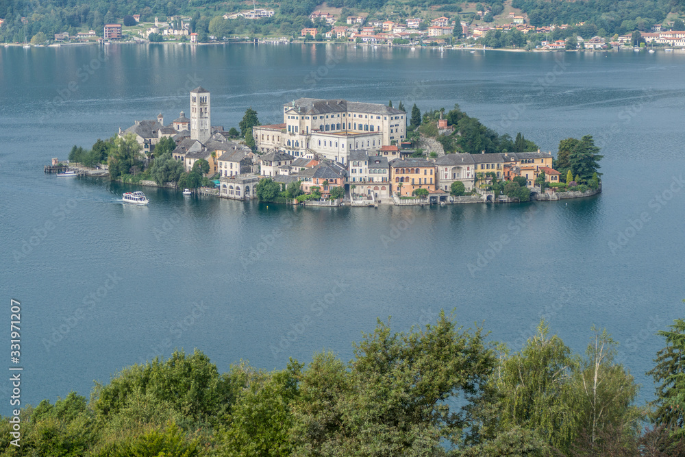 Aerial view of island of San Giulio in Lake d'Orta