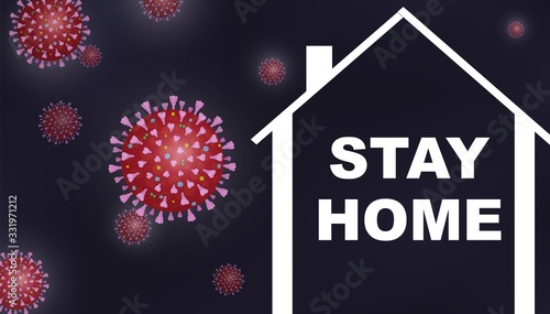Vector motivational quarantine poster Stay Home quote with house and Coronavirus Covid-19 on black background. Self isolation concept for reduce risk of infection and spreading Coronavirus. Safe area.