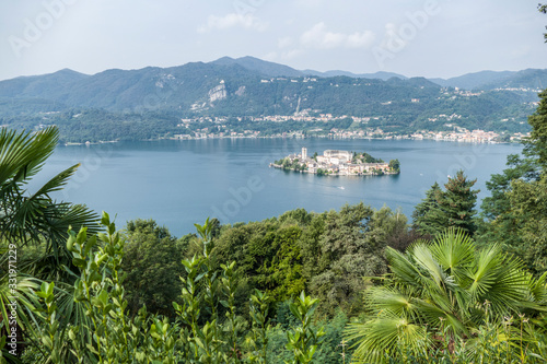 Aerial view of the island of San Giulio in Lake D'Orta
