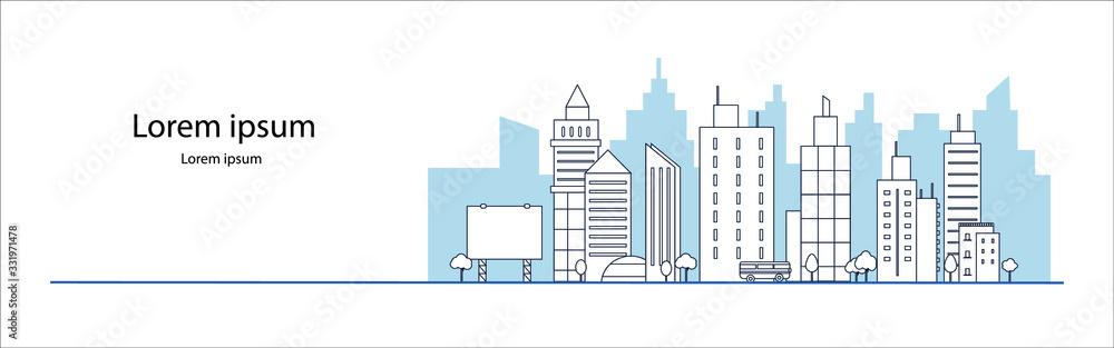 Fototapeta premium blue city building in flat line illustration vector, panoramic cityscape design for background 