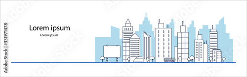  blue city building in flat line illustration vector, panoramic cityscape design for background     