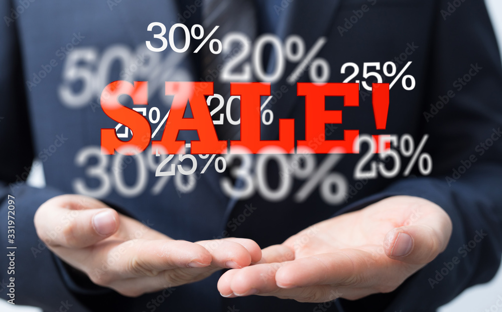 using white and red sales flying icons 3D rendering