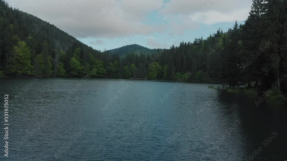 aerial view of lake in carpathian mountains. synevir tourist place aerial view of lake in carpathian mountains. synevir tourist place