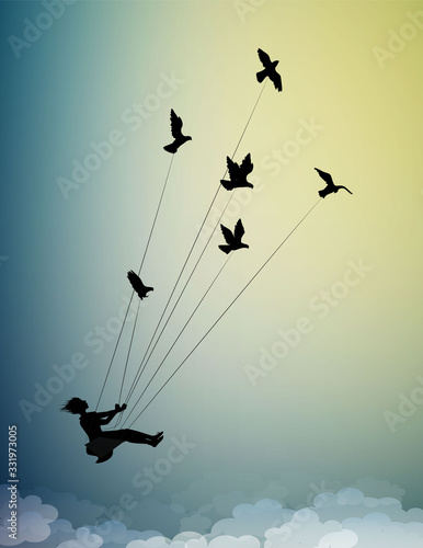 girl is flying and holding pigeons, fly in the dream up to the sky, childhood memories, silhouette shadows photo