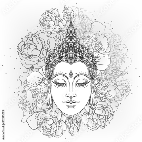 Buddha face with peonies on background. Vector illustration. Psychedelic neon composition. Indian, Buddhism, Spiritual Tattoo, yoga, spirituality. Sticker, patch, poster graphic design.
