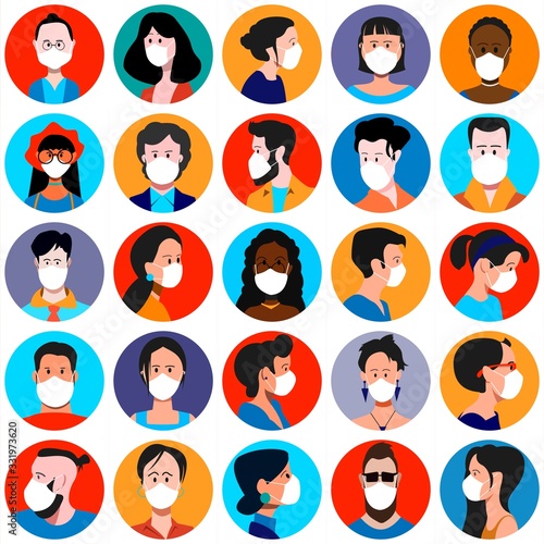 Set of people faces in medical masks. Coronovirus Prevention