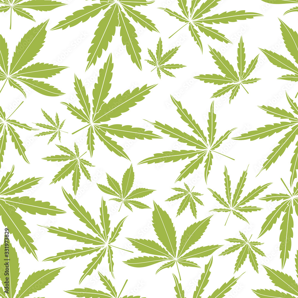 Seamless pattern with green cannabis leaves. Marijuana leaves on white background.