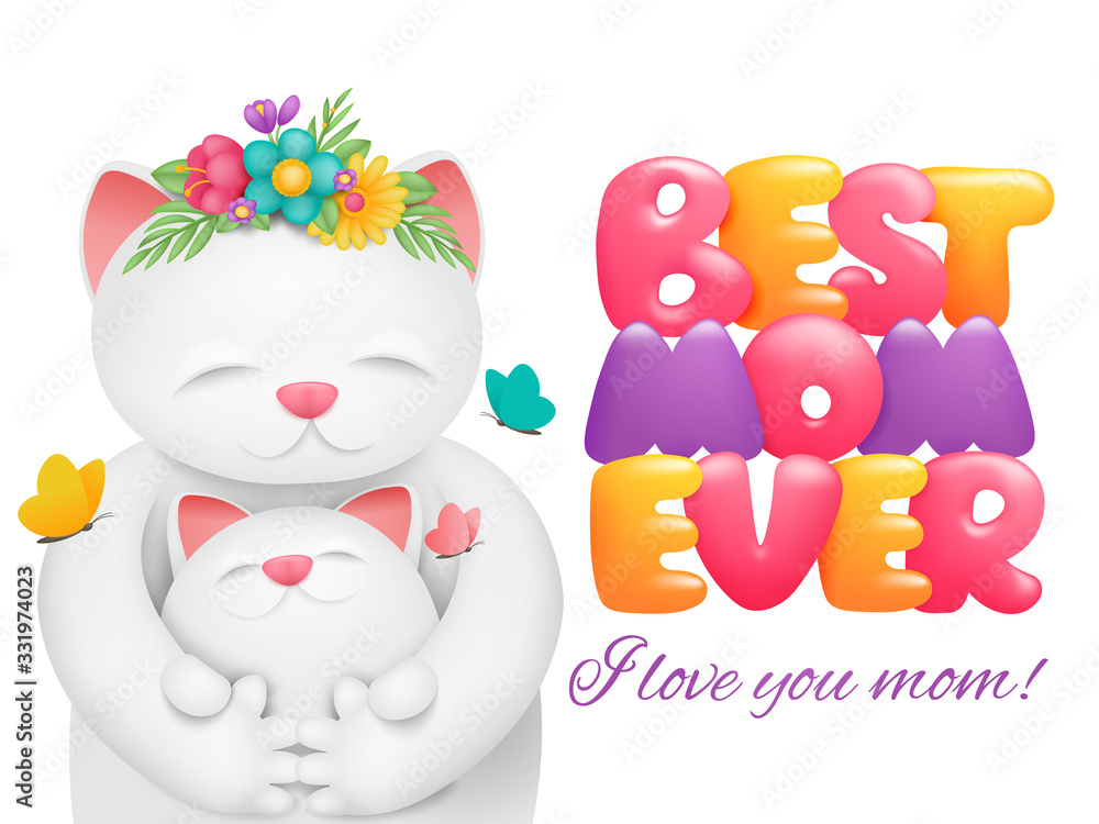Fototapeta premium Happy Mothers Day card design. Best mom ever title. Cartoon white cat cute character with kid