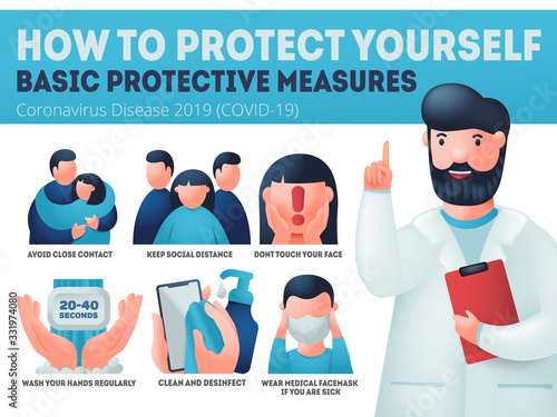 Coronavirus COVID-19 preventions. Caucasion doctor explain protection measures. Infographics banner, wear face mask, wash hands, desinfect.