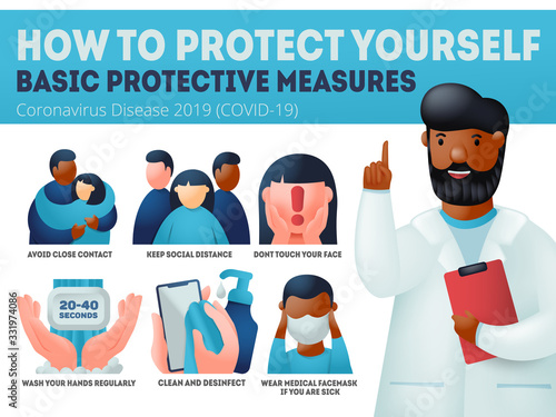 Coronavirus COVID-19 preventions. Afro-american doctor explain protection measures. Infographics banner, wear face mask, wash hands, desinfect.