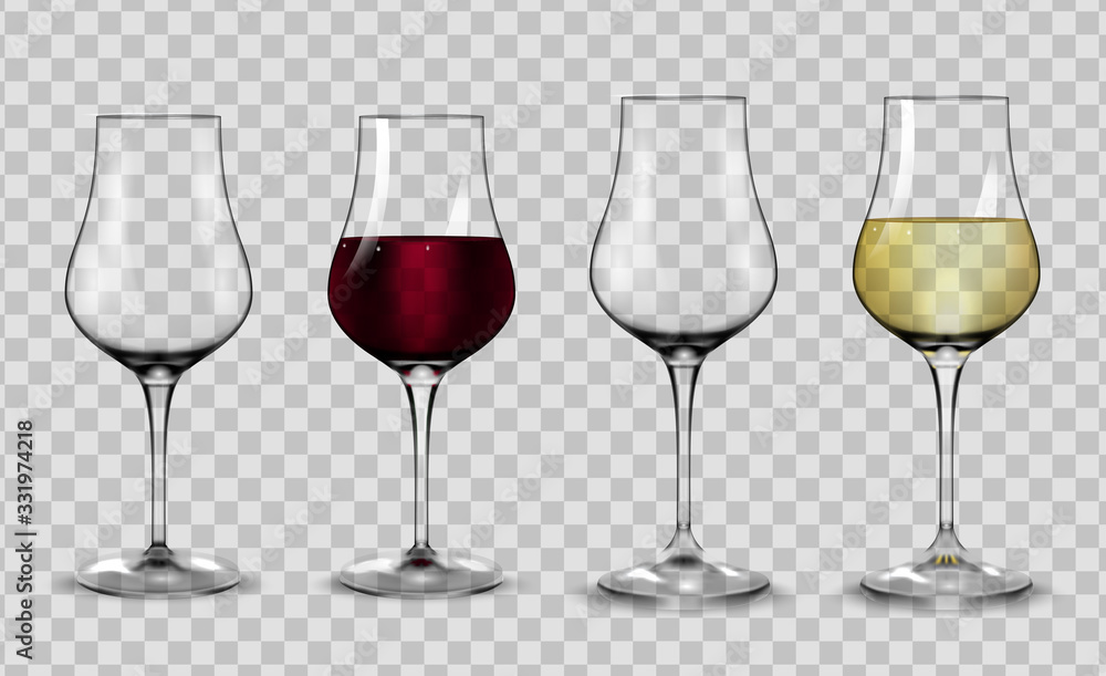 Full and empty glasses for white and red wine.